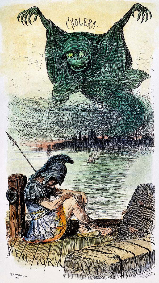 ‘Is This a Time for Sleep?’, 1883, in which Cholera looms over New York Harbor while Science sleeps 23 © Granger/Bridgeman Images.