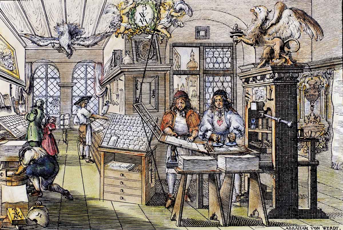 Interior of a Dutch printing office, Abraham von Werdt, coloured woodcut, 17th century. Bridgeman Images.