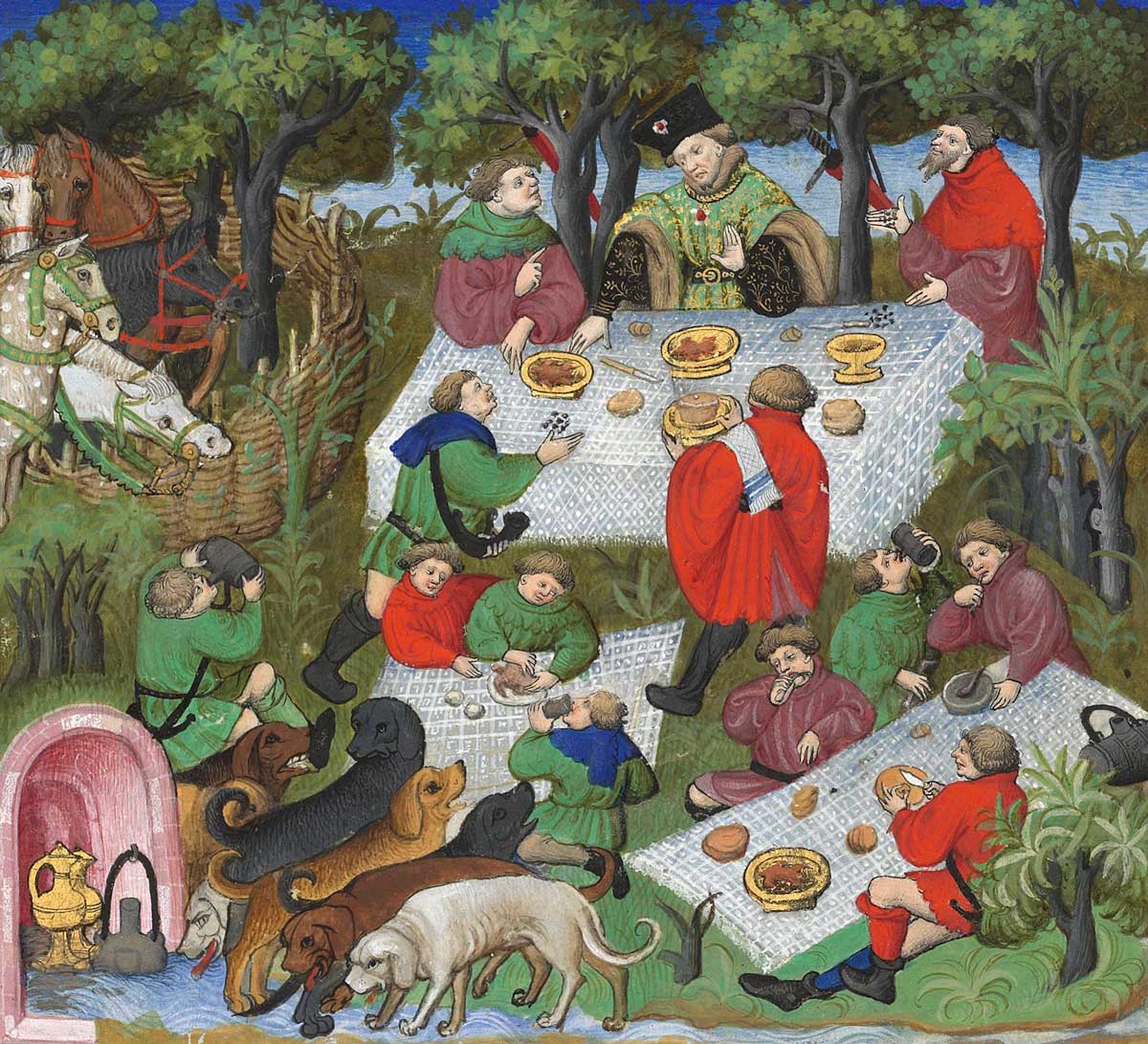 'Le repas de chasse' from the Livre de la Chasse, Gaston III, Count of Foix. BnF, Fr. 616, fol. 67.