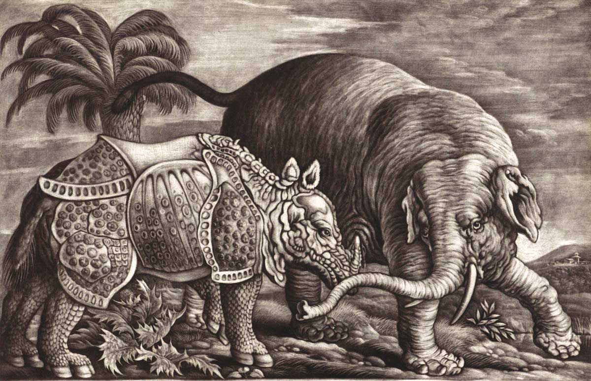 Elephant and Rhino, engraving by Jan Griffier, after Francis Barlow, late 17th century. Alamy.