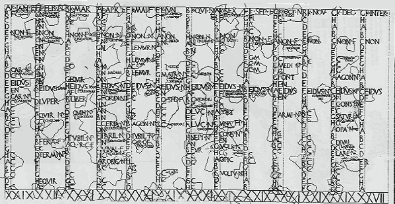 Fasti Antiates Maiores—Painting of the Roman calendar about 60 BC, before the Julian reform. Observe (enlarged) that it contains the months Quintilis ("QVI") and Sextilis ("SEX"), and displays the intercalary month ("INTER") as the far righthand column.