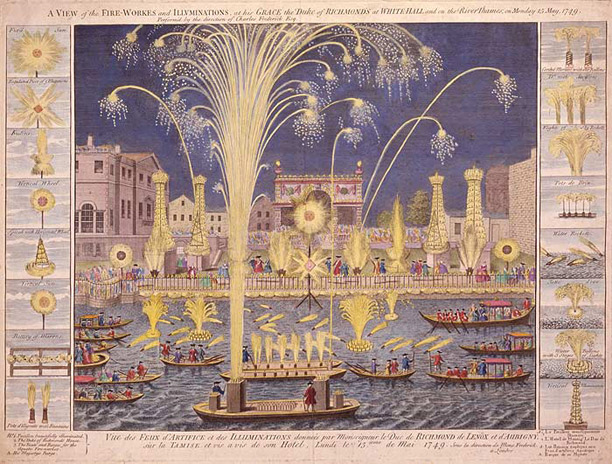 An etching of the Royal Fireworks display on the Thames, London, England in 1749.