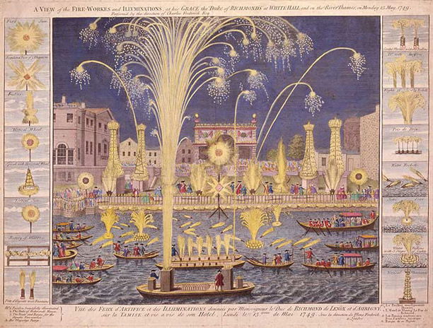 An etching of the Royal Fireworks display on the Thames, London, England in 1749.