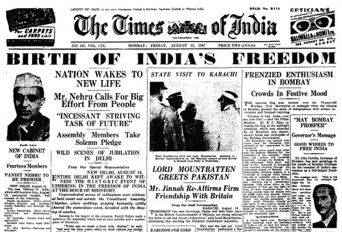 Front page of The Times of India on 15 August 1947, carrying news reports on the first Independence Day.