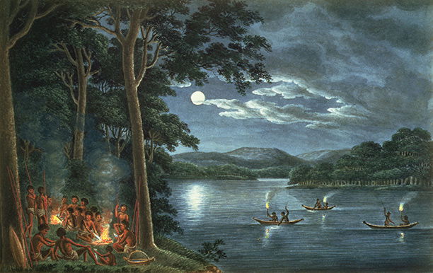 Aborigines fishing by torchlight and cooking fish by the convict artist Joseph Lycett, Van Diemens Land c.1820. Bridgeman/National Library of Australia Canberra