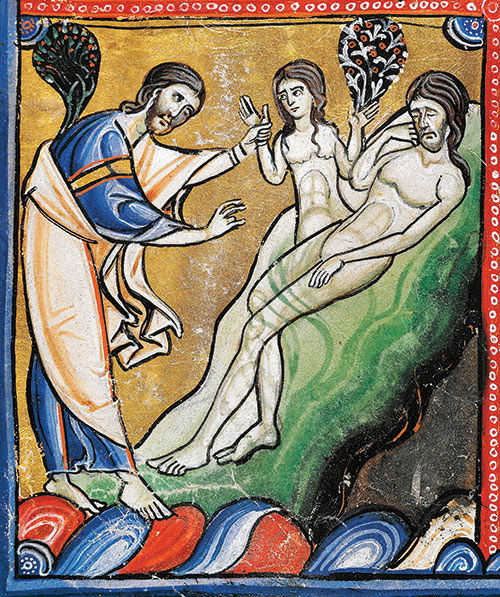Eve is created from Adam's rib, Souvigny Bible, 12th century. De Agostini Picture Library / Bridgeman Images