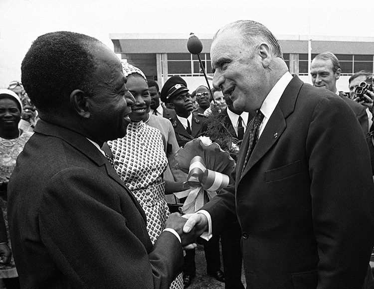 French President Georges Pompidou meets Felix Houphouet-Boigny, president of Ivory Coast, Abidjan, 1971. Press Association Images