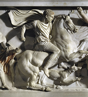 Alexander (pictured) and Abdalonymus hunting lions on the marble Alexander Sarcophagus, fourth century BC. AKG Images/Erich Lessing