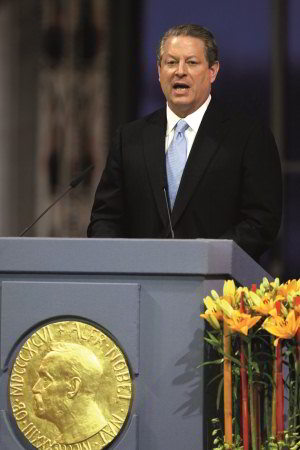 Al Gore delivers his acceptance speech for the Nobel Peace Prize in December 2007. Getty Images/AFP