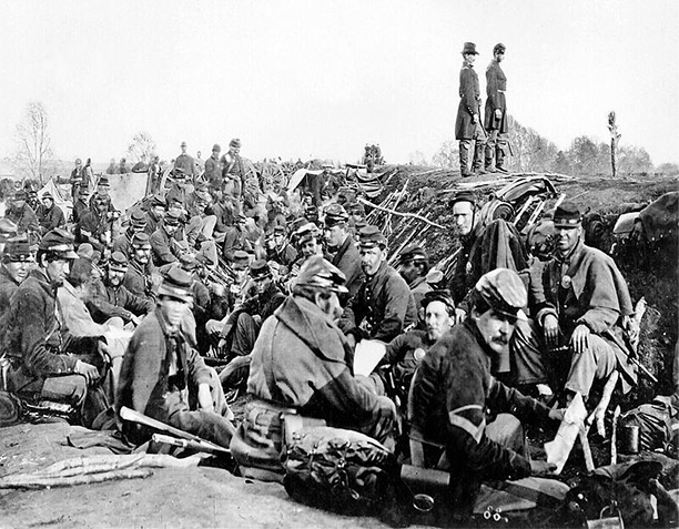 Union soldiers entrenched along the west bank of the Rappahannock River at Fredericksburg in the Battle of Chancellorsville. 