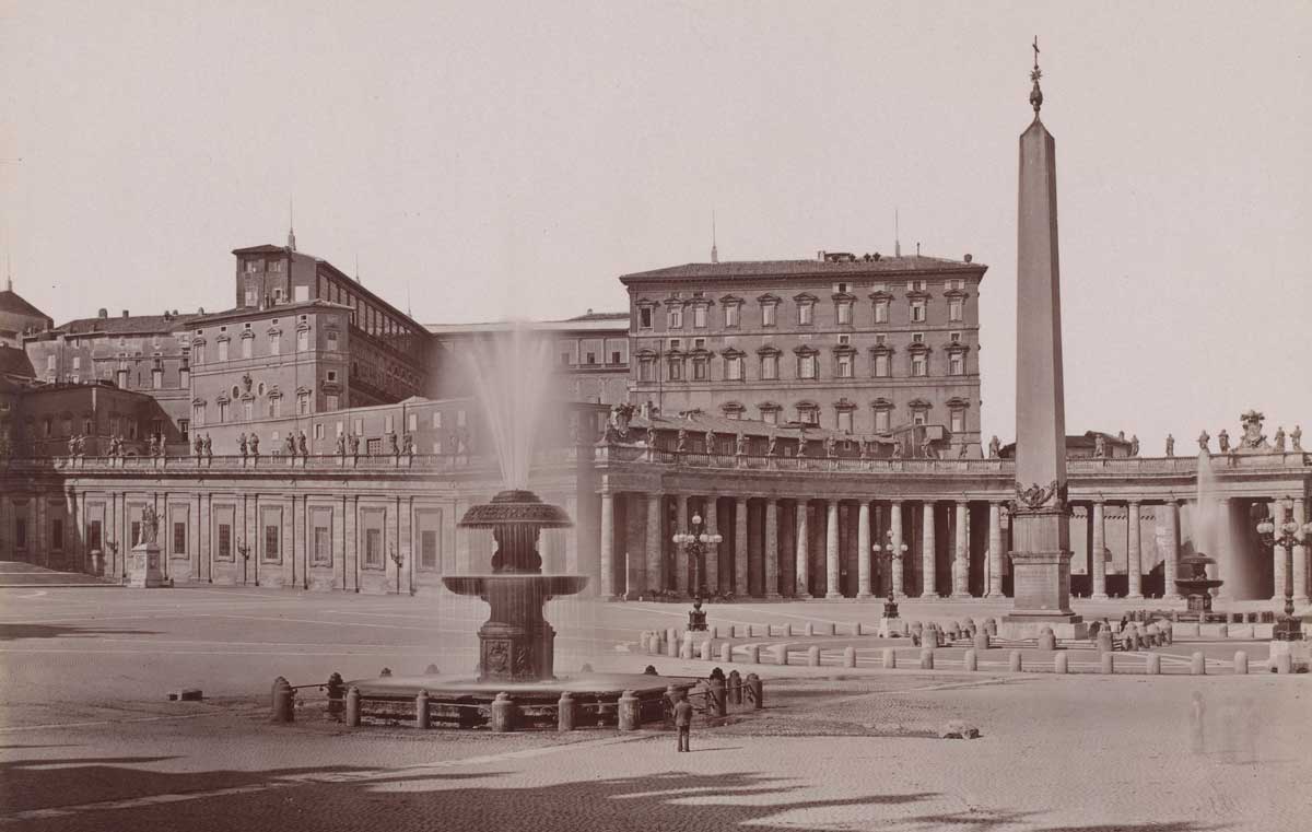 View of the Apostolic Palace, from St Peter's Square, Rome. All but five papal conclaves since 1455 have been held here. Photo, Giacomo Brogi, c. 1860-c. 1890. Rijksmuseum.