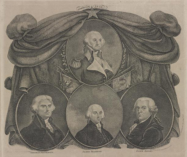 George Washington and (below, left to right) Thomas Jefferson, James Madison, and John Adams. Library of Congress.