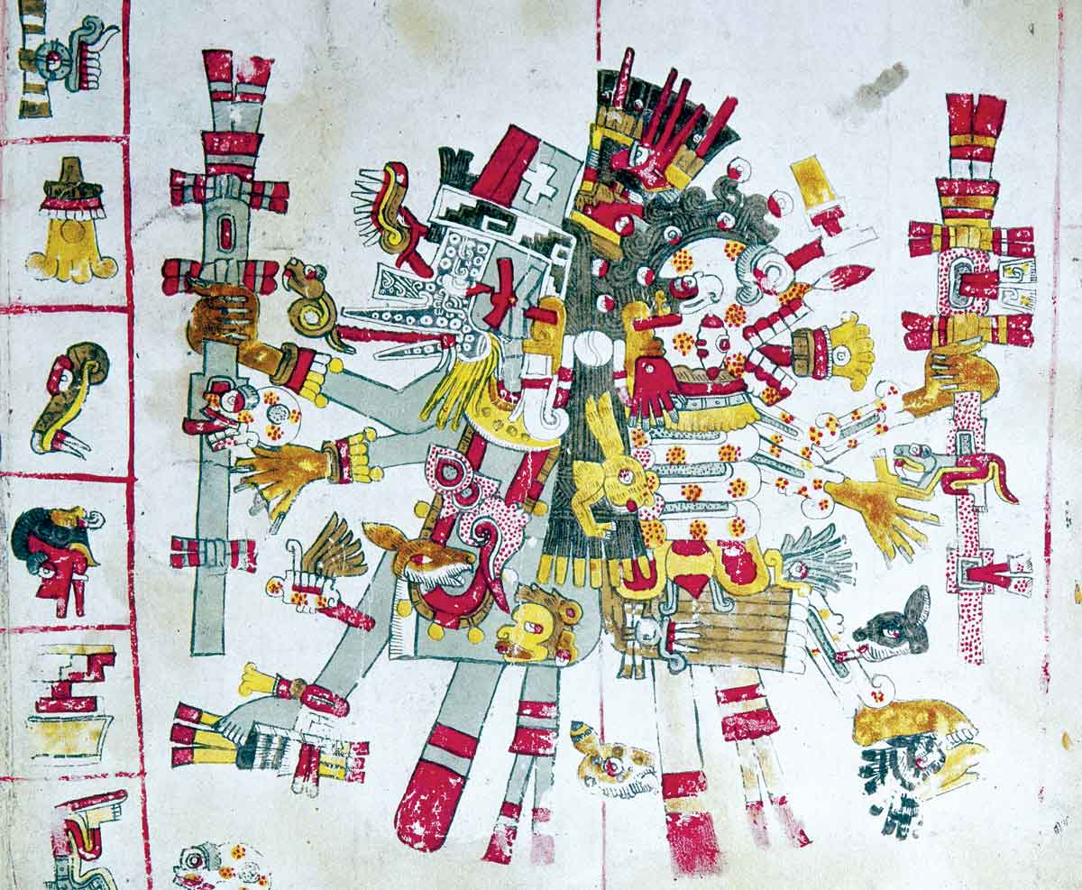 Ehecatl (left) and Mictlantecuhtli with 20 calendar day signs, Codex Borgia, c.1450, Apostolic Library, Vatican City © Bridgeman Images.