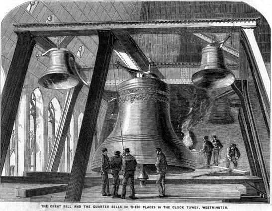 The second "Big Ben" (centre) and the Quarter Bells from The Illustrated News of the World, 4 December 1858. Wiki Commons.