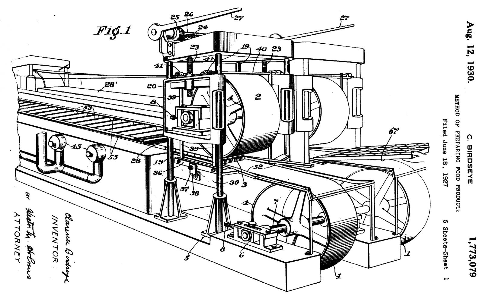 Figure 1 from United States patent #1,773,079 issued to Clarence Birdseye for the production of quick-frozen fish. Wiki Commons.