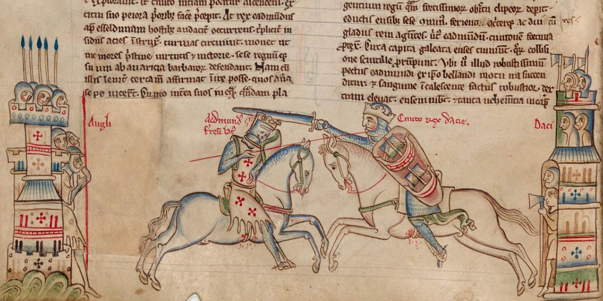 Battle of Assandun, showing Edmund Ironside (left) and Cnut the Great. (Matthew Paris, Chronica Majora, Cambridge, Corpus Christi College MS. 26, fol. 80v)