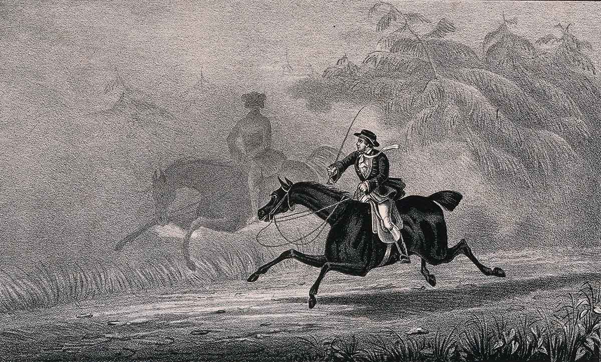 Dick Turpin, on horseback, sees a phantom riding next to him. Lithograph by W. Clerk, ca. 1839. Wellcome Collection