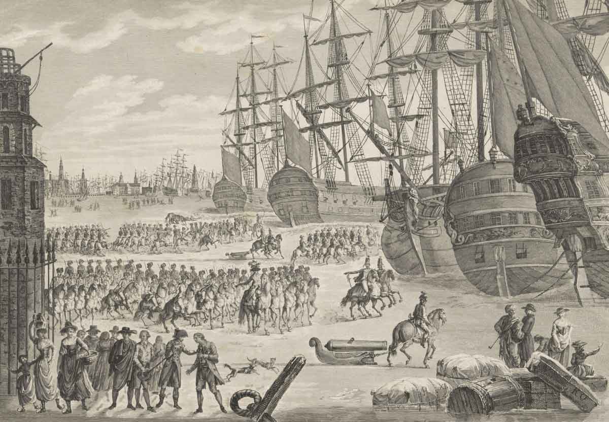 Conquest of the frozen Dutch war fleet in Den Helder, 1795, Pauquet, after Robineau, 1795 - 1796. Rijksmuseum.
