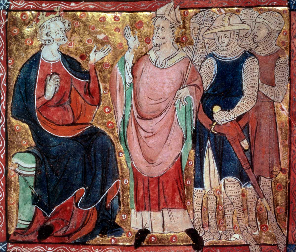 Henry II receiving a bishop and soldiers, from a French manuscript, 15th century © Bridgeman Images.