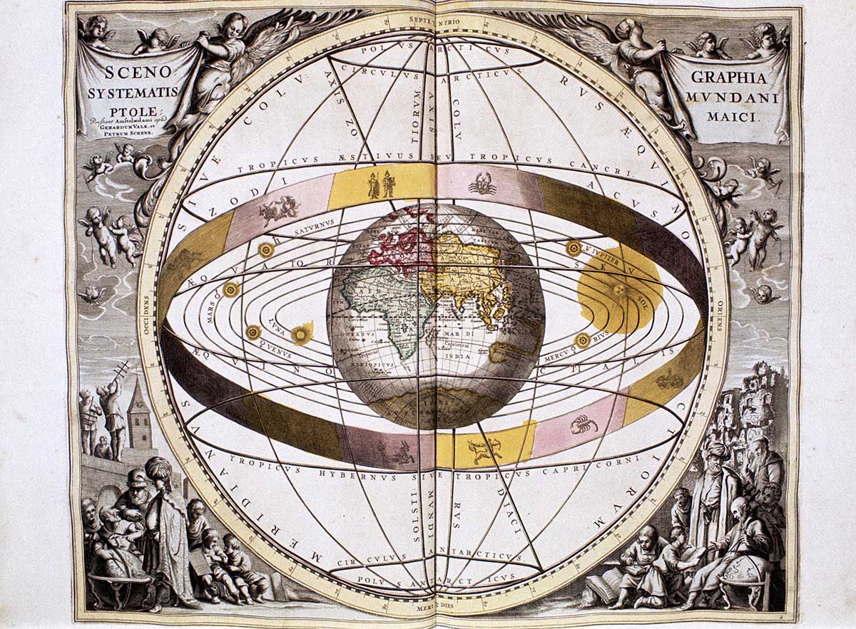  The Ptolemaic system of the universe from the Harmonia Macrocosmica, by Andreas Cellarius, 1708 © Bridgeman Images