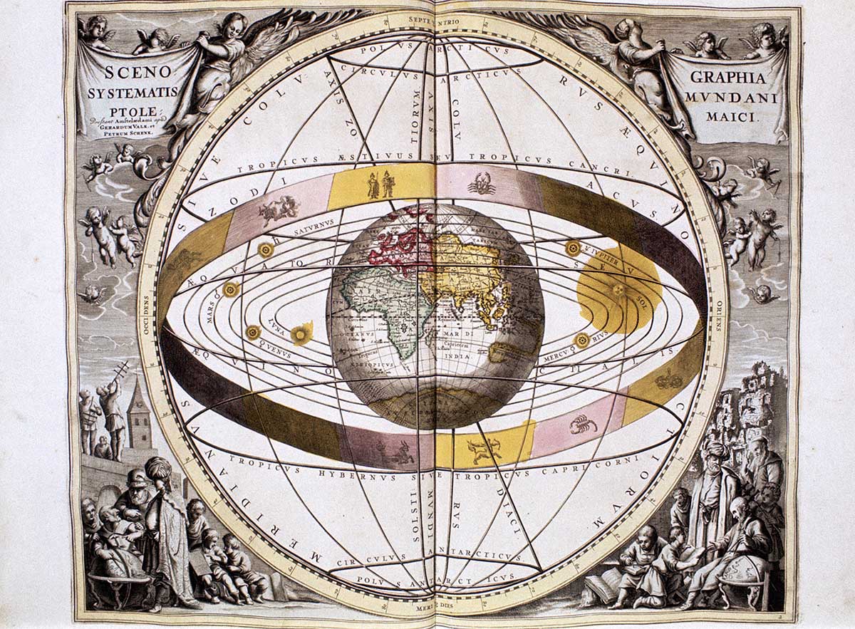 The Ptolemaic system of the universe from the Harmonia Macrocosmica, by Andreas Cellarius, 1708 © Bridgeman Images