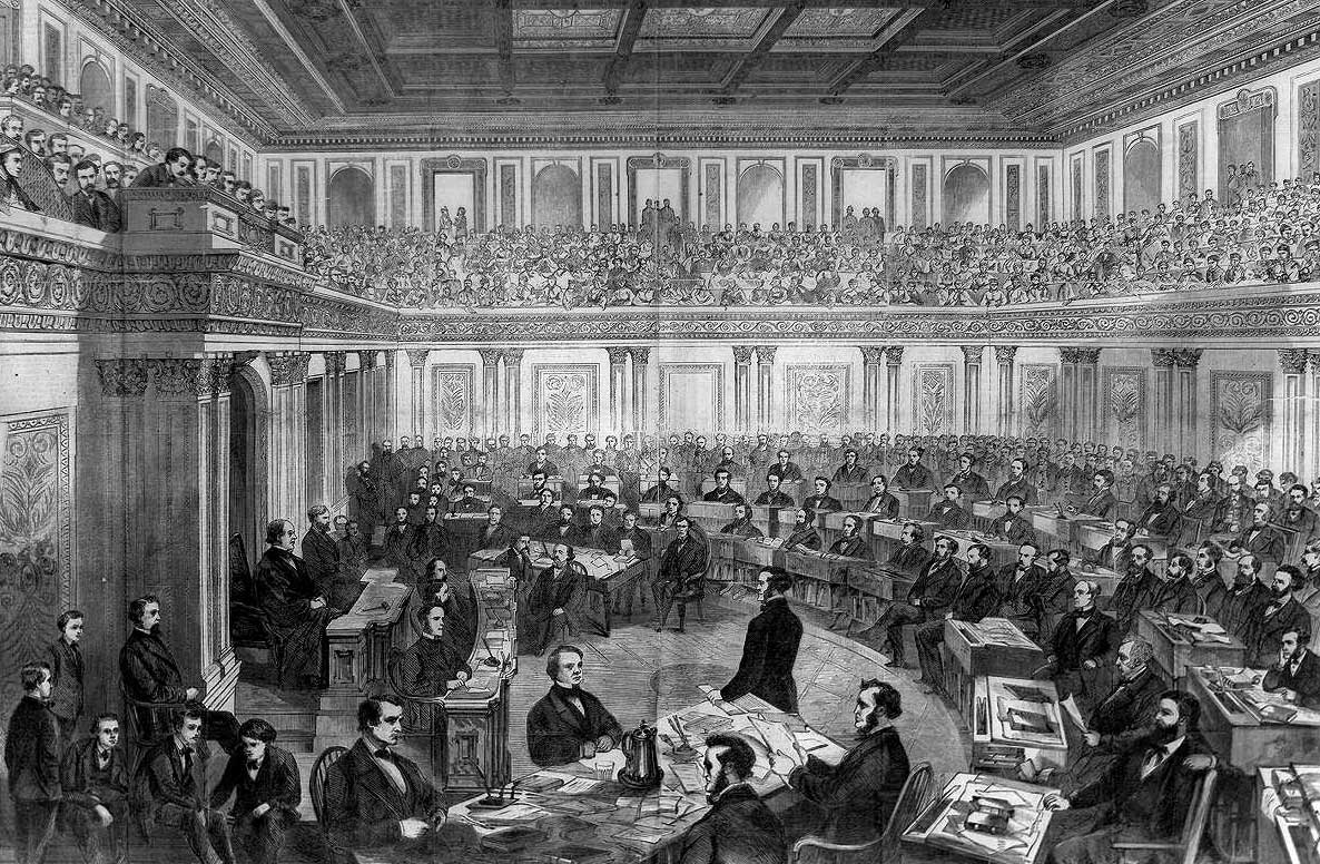 Theodore R. Davis' illustration of President Johnson's impeachment trial in the Senate, published in Harper's Weekly.