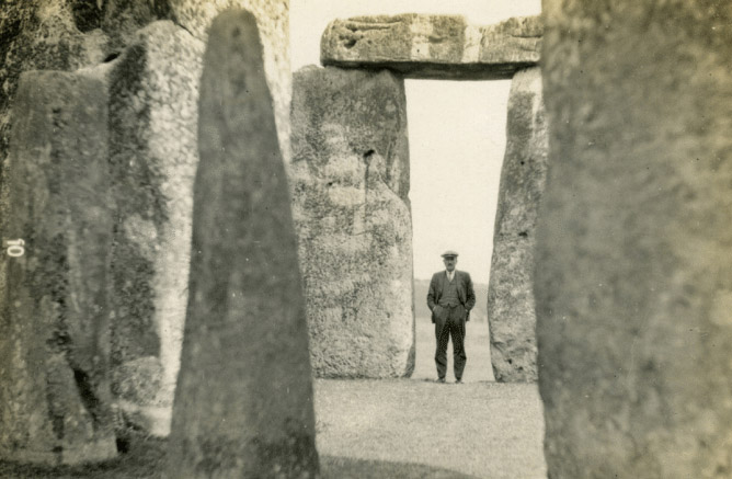 OGS Crawford photographed at Stonehenge in 1926. Photographer unknown. Image courtesy of the OGS Crawford Photographic Archive, Institute of Archaeology, Oxford.  