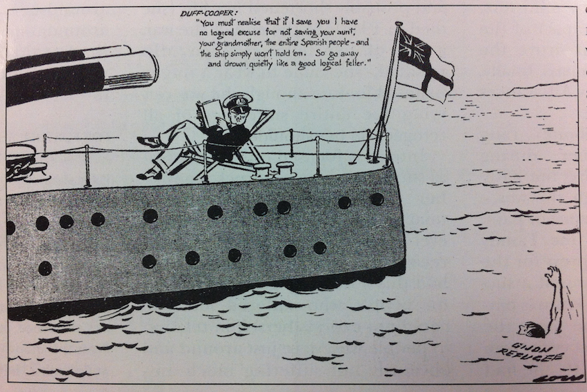 A Low cartoon on the situation of the Gijon refugees, from the Evening Standard, October 29th, 1937, shortly after Rathbone's speech on their plight.