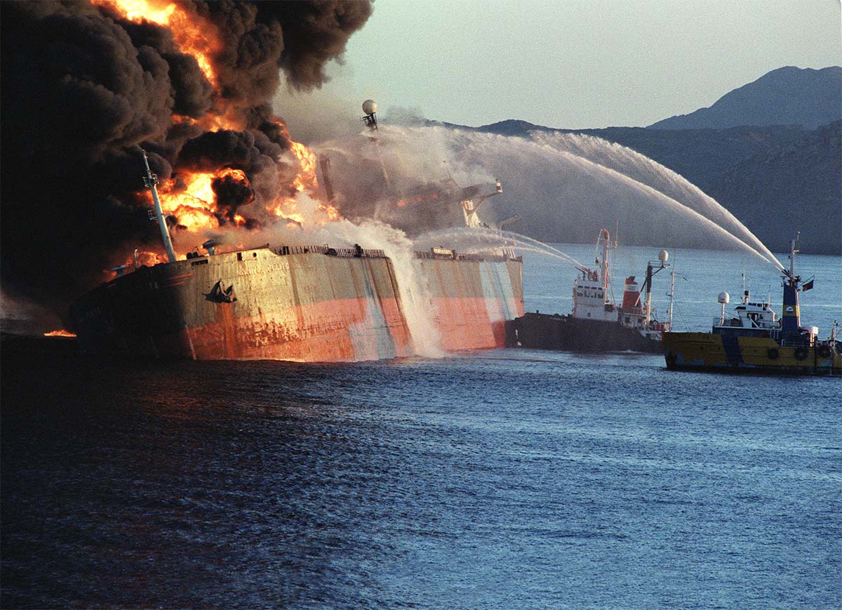 The Singapore flagged Norman Atlantic after an Iranian attack, on approach to the Strait  of Hormuz, 6 December 1987 © Norbert Schiller/AFP/Getty Images