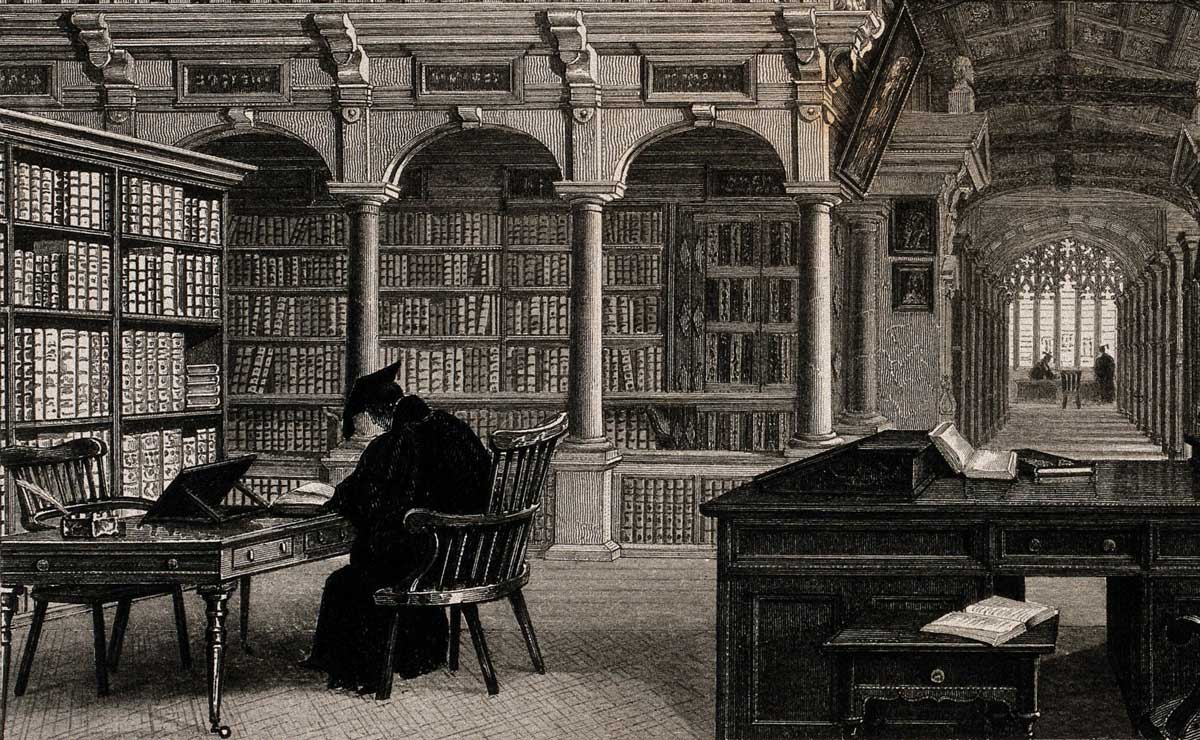 Bodleian Library, Oxford: Duke Humfrey's library with a man studying (detail). Frederick Mackenzie, 1787. Wellcome Collection.