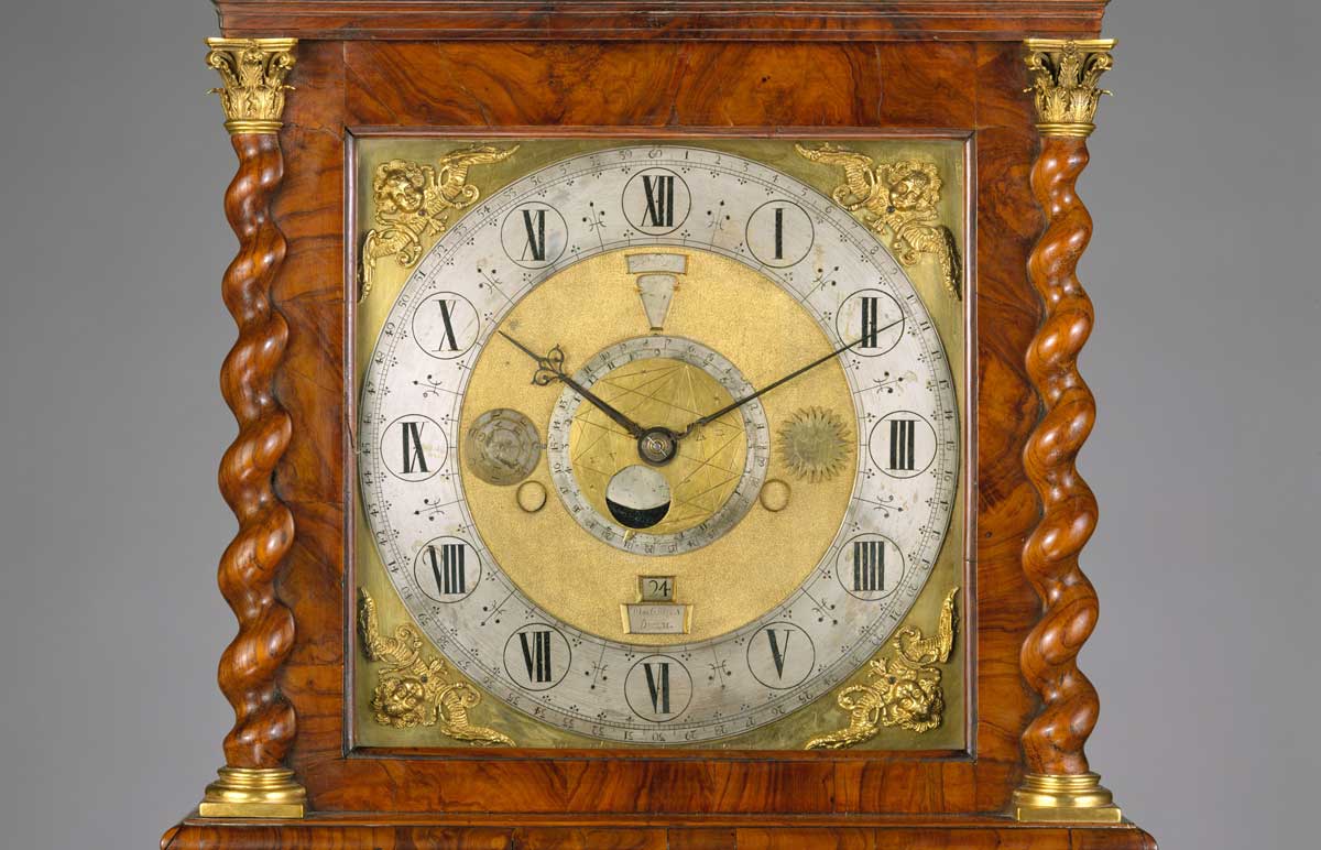 Longcase clock with calendrical, lunar, and tidal indications (The Graves Tompion) ca. 1677–80, Thomas Tompion. Metropolitan Museum of Art.