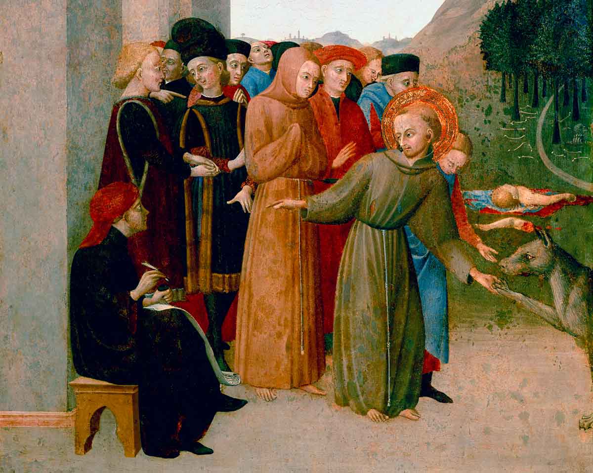 St Francis of Assisi Speaking with the Wolf of Gubbio, by Stefano di Giovanni di Consolo, ‘Il Sassetta’, 1437-44. Photo © Luisa Ricciarini/Bridgeman Images