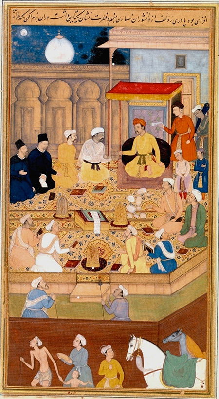 Akbar holds a religious assembly of different faiths in the Ibadat Khana in Fatehpur Sikri.