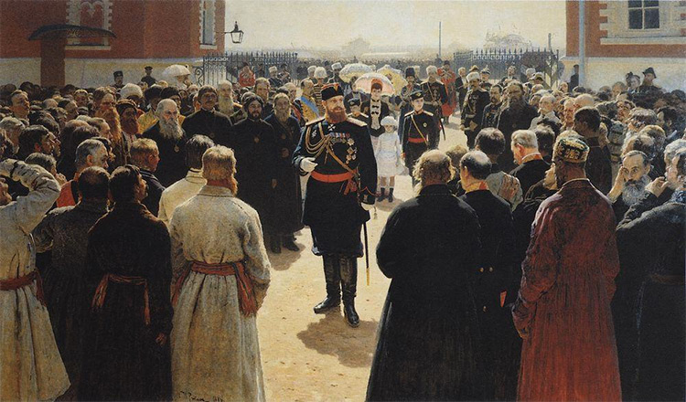 Alexander receiving rural district elders in the yard of Petrovsky Palace in Moscow, by Ilya Repin.