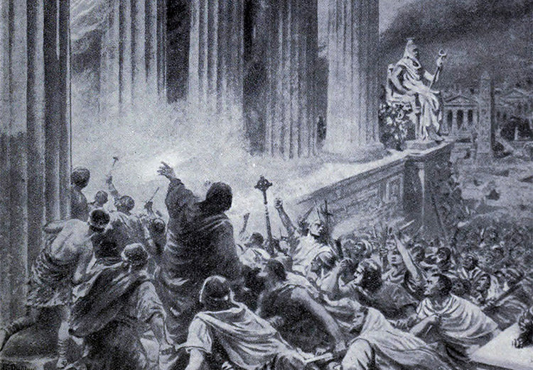 The Burning of the Library at Alexandria in 391 AD, an illustration from 'Hutchinsons History of the Nations', c. 1910