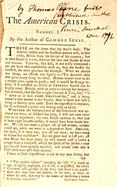The first edition of The American Crisis, published 1776.