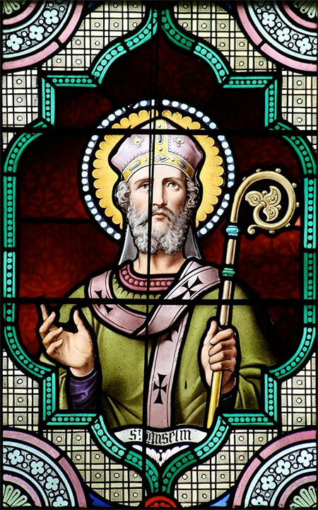 Anselm as Archbishop. Depiction in an English glass window of 19th century.