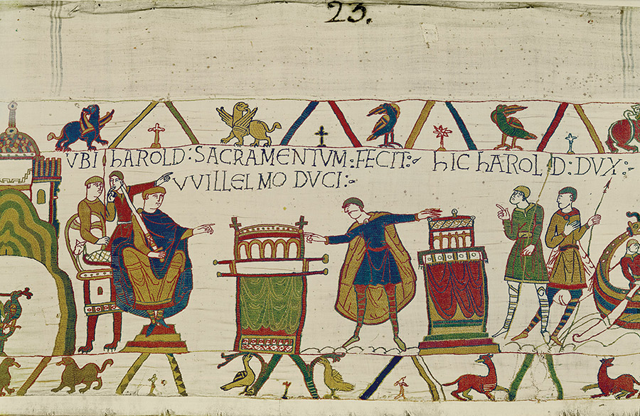Harold swears an oath to William of Normandy, Bayeux Tapestry, c.1070.