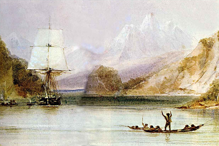 HMS Beagle surveys the coasts of South America. Painting by Conrad Martens
