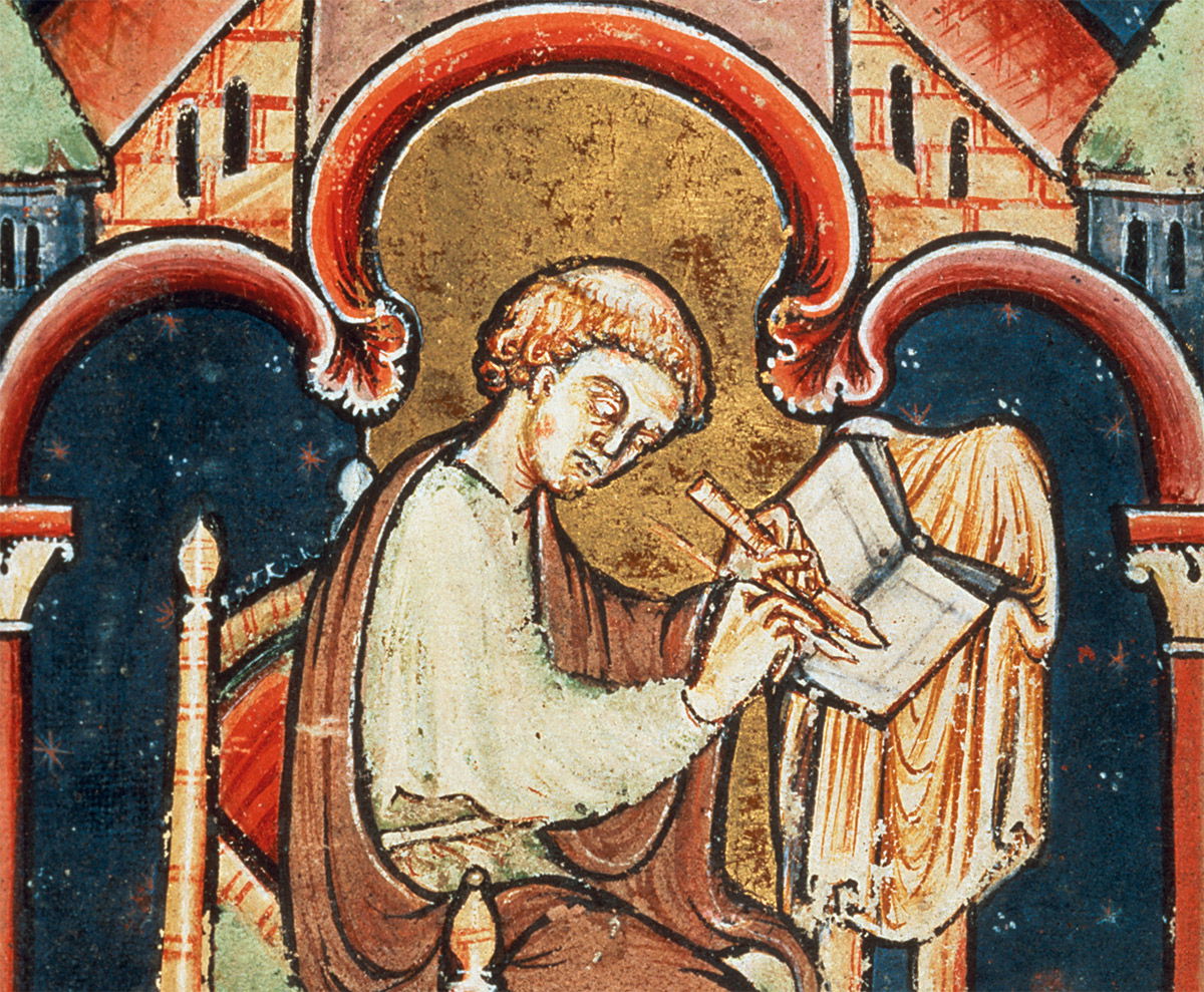 A scribe, probably Bede, from the Life and Miracles of St Cuthbert, English, 12th century. © British Library/Bridgeman Images.
