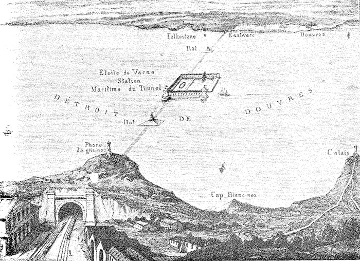 Thomé de Gamond's plan of 1856 for a cross-Channel link, with a port/airshaft on the Varne sandbank mid-Channel