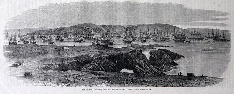 Massed shipping in the Chincha Islands in 1863, at the height of guano extraction