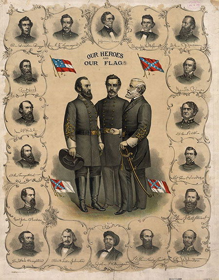 Three versions of the flag of the Confederate States of America and the Confederate Battle Flag are shown on this printed poster from 1896. Standing at the center are Stonewall Jackson, P. G. T. Beauregard, and Robert E. Lee, 