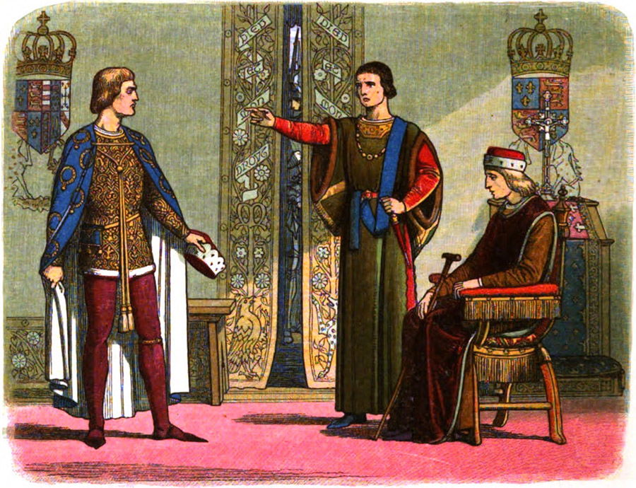 Henry VI (right) sitting while the Dukes of York (left) and Somerset (center) have an argument.