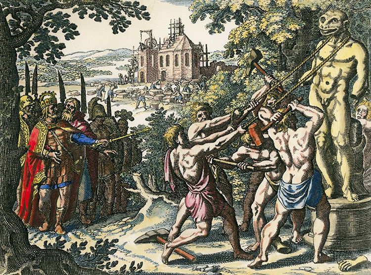 Charlemagne has a statue of the Saxon god Krodo torn down, while a church is built in its place. Engraving by Matthäus Merian the Elder, 1630.