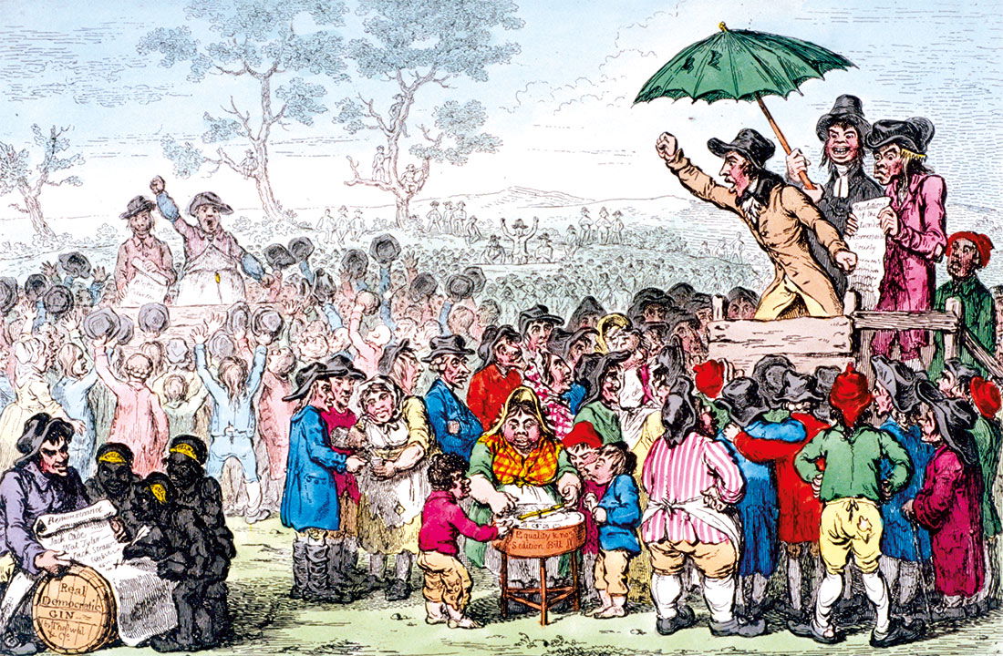 Election Fair, Copenhagen Fields, London, 1795, featuring Thelwall, mid-oratory, at front right, by James Gillray. Alamy.
