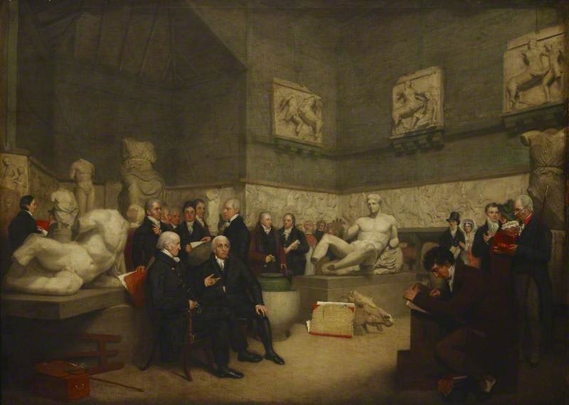 A portrait depicting the Elgin Marbles in a temporary Elgin Room at the British Museum surrounded by museum staff, a trustee and visitors, 1819