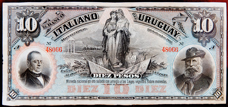 Ten pesos banknote, printed in Uruguay in 1887, with the image of Garibaldi