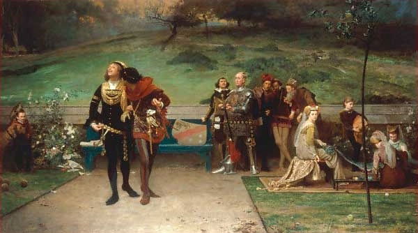 An 1872 painting by English artist Marcus Stone shows Edward II cavorting with Gaveston while nobles and courtiers look on with concern.