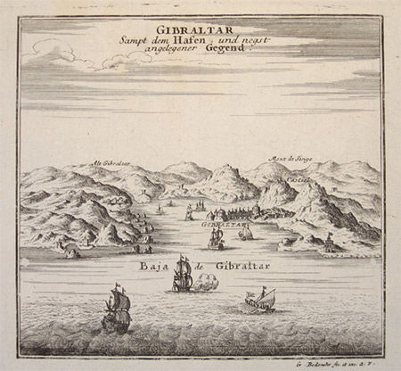 Gibraltar harbour antique engraving by Gabriel Bodenehr, c.1704.